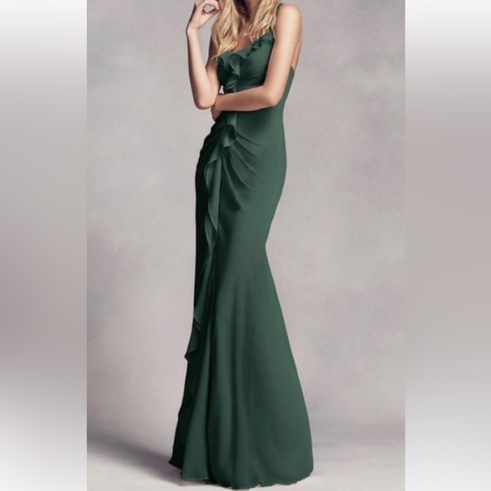 NWT White by Vera Wang Forest Green Ruched Ruffle Maxi Formal Bridesmaid Dress